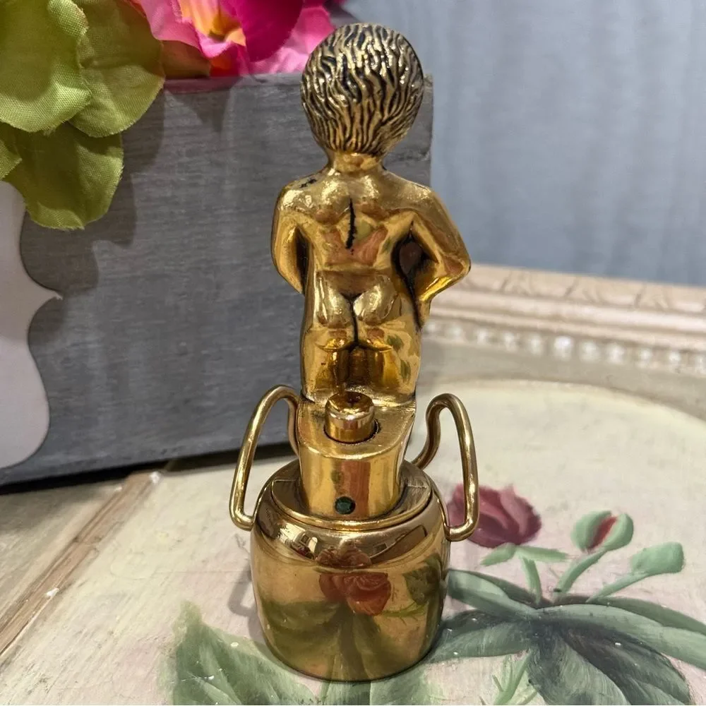 Vintage Heavy Brass Little Boy Bottle Stopper Pour Spout Risqué Whimsical